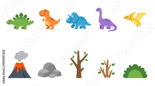 Cute Cartoon Dinosaurs and Volcanoes Flat Vector Icons