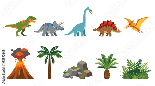 Flat Style Dinosaurs and Volcano Vector Illustration for Children