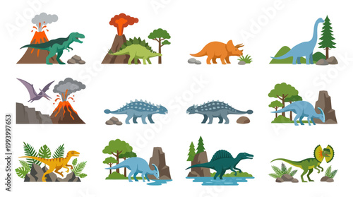 Cartoon Dinosaurs Flat Design Vector Set - Prehistoric Animal Collection for Kids Education