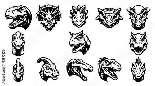 Dinosaur Heads Vector Art Black and White Icons