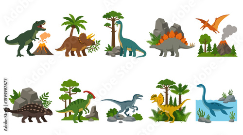 Flat Vector Illustrations of Dinosaurs in Natural Environments
