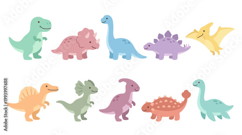 Set of Cute Flat Cartoon Vector Dinosaurs for Children's Education and Prehistoric Themes