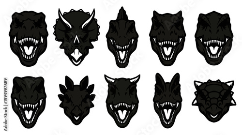 Black Dinosaur Heads Icons Set - Vector Art Style