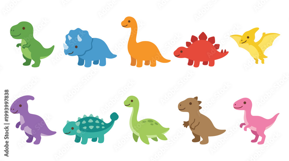 Fototapeta premium Cute Cartoon Dinosaurs, Children's Illustration, Flat Design