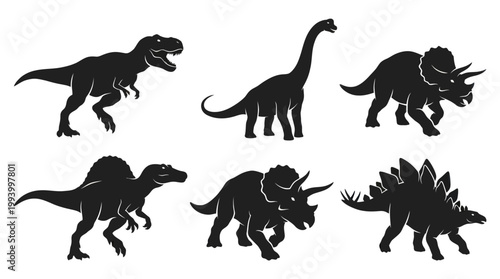 Dinosaur Silhouettes Set, Black and White Vector Illustrations