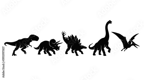 Black Dinosaur Silhouettes: Tyrannosaurus, Triceratops, Stegosaurus, Brontosaurus, Pterodactyl
