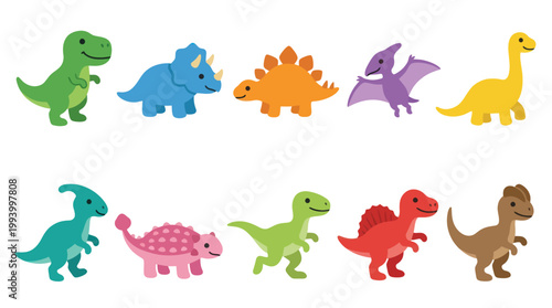 Cute Cartoon Dinosaurs Icons Set, Flat Style Vector Illustration