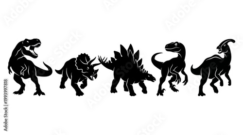 Dinosaur Silhouettes - Tyrannosaurus, Triceratops, Stegosaurus, Raptor, Parasaurolophus
