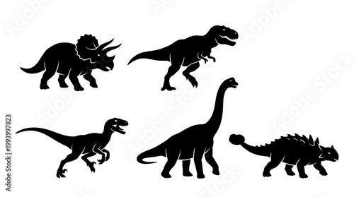 Black and White Dinosaur Silhouettes: Tyrannosaurus, Triceratops, Raptor, Brontosaurus, Ankylosaurus