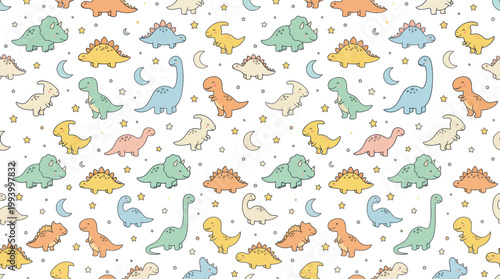 Cute Cartoon Dinosaur Seamless Pattern for Kids' Playtime and Nursery Decor