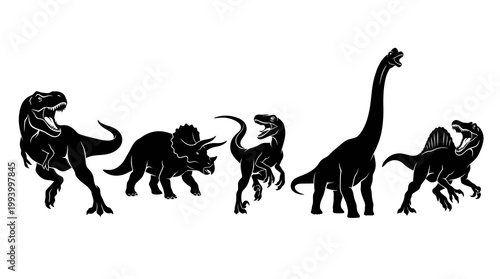 Black  White Dinosaur Silhouettes Set - Vector Art