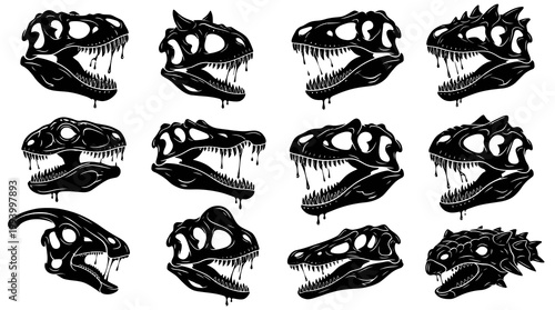 Dinosaur Skulls Set Black  White Vector Art for Paleontology and Design