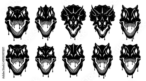 Monstrous Dinosaur Skulls Black and White Dripping Vector Graphic Set