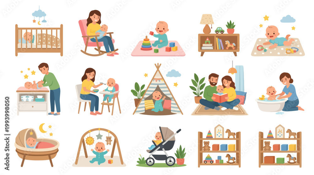 Fototapeta premium Flat Vector Childcare Illustration: Parents and Babies Daily Life Development Scenes