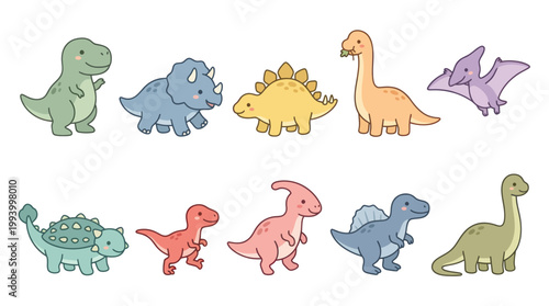 Cute Cartoon Dinosaurs Vector Illustration, Flat Art Style