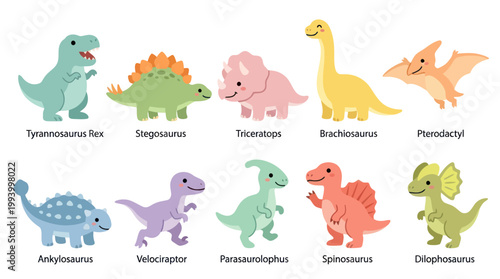 Cute Cartoon Dinosaur Collection Flat Style Vector Illustration