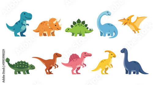 Cute Cartoon Dinosaurs Collection. Colorful Flat Design Prehistoric Animals Vector.