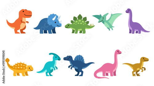 Cute Cartoon Dinosaurs Vector Illustration - Kids Animals Art Style