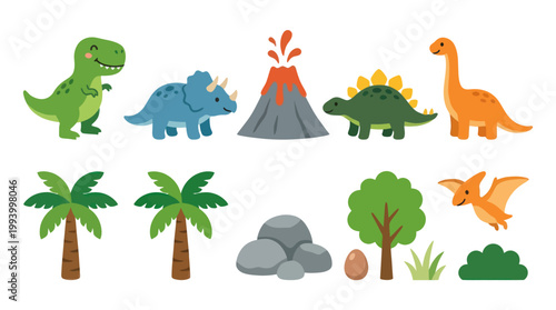 Cute Cartoon Flat Vector Dinosaurs and Prehistoric Nature Elements Collection for Kids
