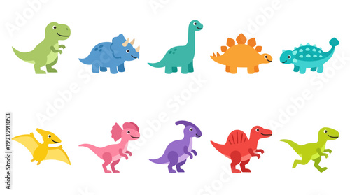 Cute Cartoon Dinosaurs Flat Vector Illustration Set