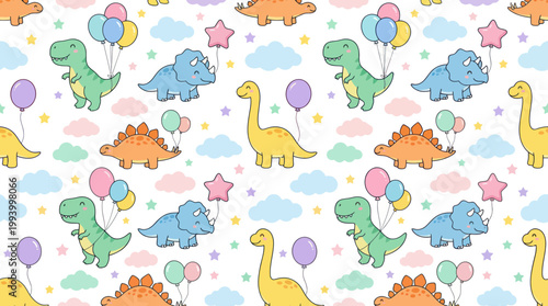 Children's Cartoon Dinosaur Seamless Pattern Illustration - Cute Kids Party  Nursery Background