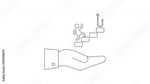 Hand holding stairs with person climbing towards fishing hook symbol.