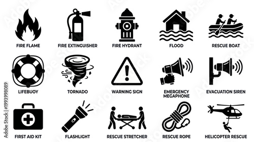 Emergency Rescue Icons Set - Fire, Flood, Tornado, Medical, Safety
