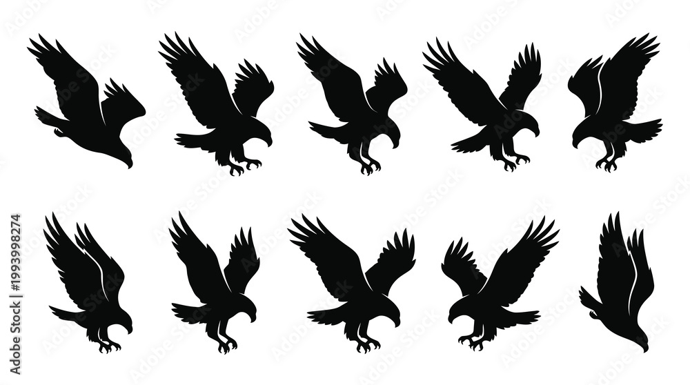 Fototapeta premium Majestic Flying Eagle Silhouettes Vector Set - Nature Wildlife Bird of Prey Icons