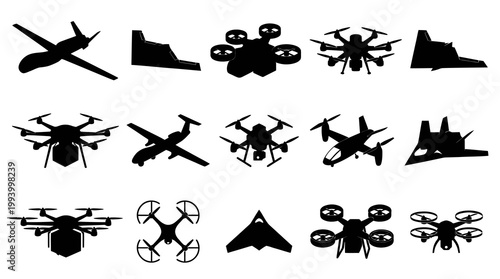 Black silhouette icons of various drones and unmanned aerial vehicles