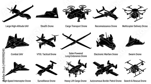 Drone UAV Types Solid Isometric Icons Set. Aviation Military Technology Remote Vehicle Glyphs
