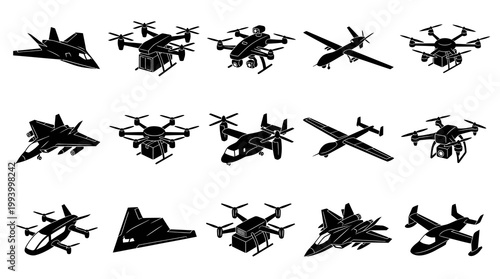 Black  White Icons of Military Aircraft, Drones, and Helicopters