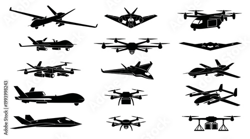 Aviation Technology Drones and Stealth Aircraft Vector Silhouette Icons Set