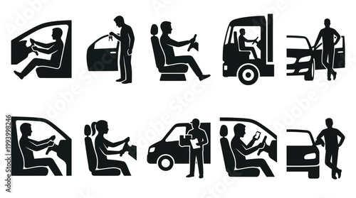 Automotive and Transportation Glyph Icons Set: Car, Truck, and Driver Silhouettes Vector