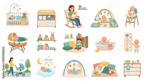 Flat illustration of baby care, nursery, and playtime with cute characters