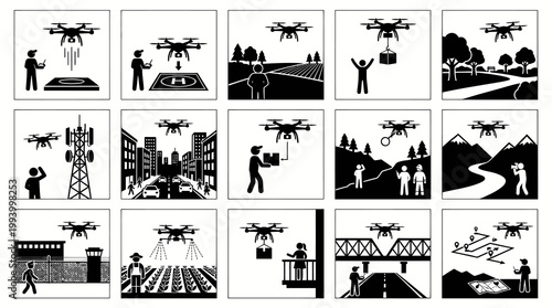 Drone Technology Applications - Black  White Line Art Icon Set