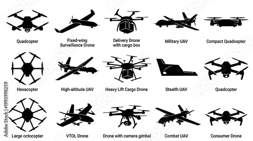 Drone Types Icons: Quadcopter, Fixed-wing, VTOL, Hexacopter, UAVs