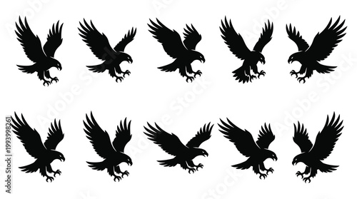 Wildlife Flying Eagle Silhouette Vector Set - Bird of Prey Nature Symbolism Glyph Art
