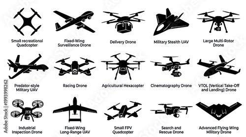 Drone Types Set Black and White Icons, Technology Vector Art