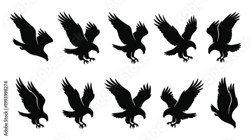 Majestic Flying Eagle Silhouettes Vector Set - Nature Wildlife Bird of Prey Icons