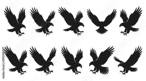 Nature Wildlife Black and White Eagle Silhouettes Vector Set - Flying Birds of Prey Glyphs