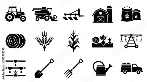 Agriculture and Farming Solid Glyph Icons Collection: Farm Machinery, Crops, Tools, Barn, Harvest Symbols