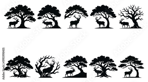 Deer and Trees Silhouettes, Black and White Nature Graphics