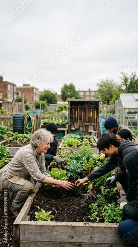 Diverse group of people and senior woman planting organic vegetables in community urban garden beds