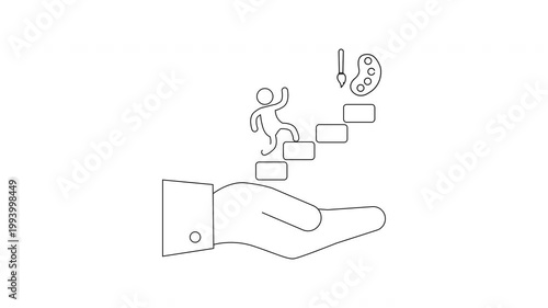 Hand holding stairs with person climbing towards art palette.