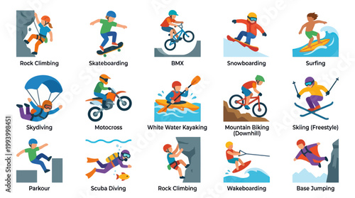 Extreme Sports Flat Vector Icons: Action, Adventure, Outdoor Activities