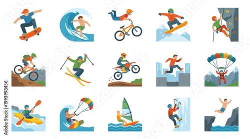 Extreme Sports Adventure Activities Flat Vector Illustration Set