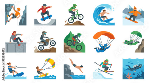 Extreme Sports Activities Flat Vector Illustration Set for Outdoor Adventure
