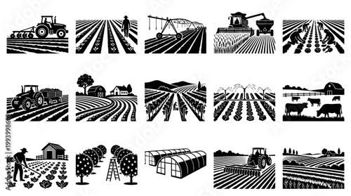 Agricultural Farm Scenes Black  White Vector Illustrations: Woodcut Style Farming, Harvest, Livestock