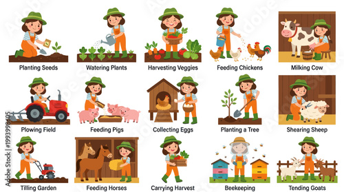 Flat Cartoon Vector Set of Farming and Agricultural Activities with Cute Farmers and Animals
