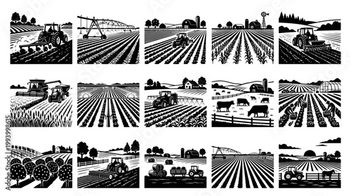 Black  White Woodcut Agriculture Farm Scenes Vector Set with Fields, Tractors  Rural Life